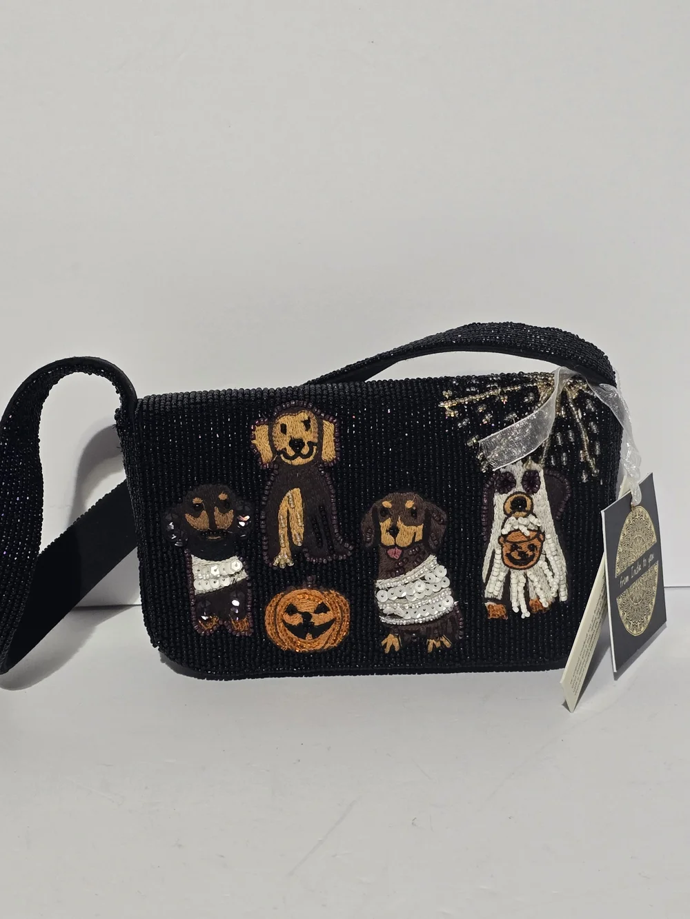 Black Beaded Crossbody Bag with Halloween Dog Motif